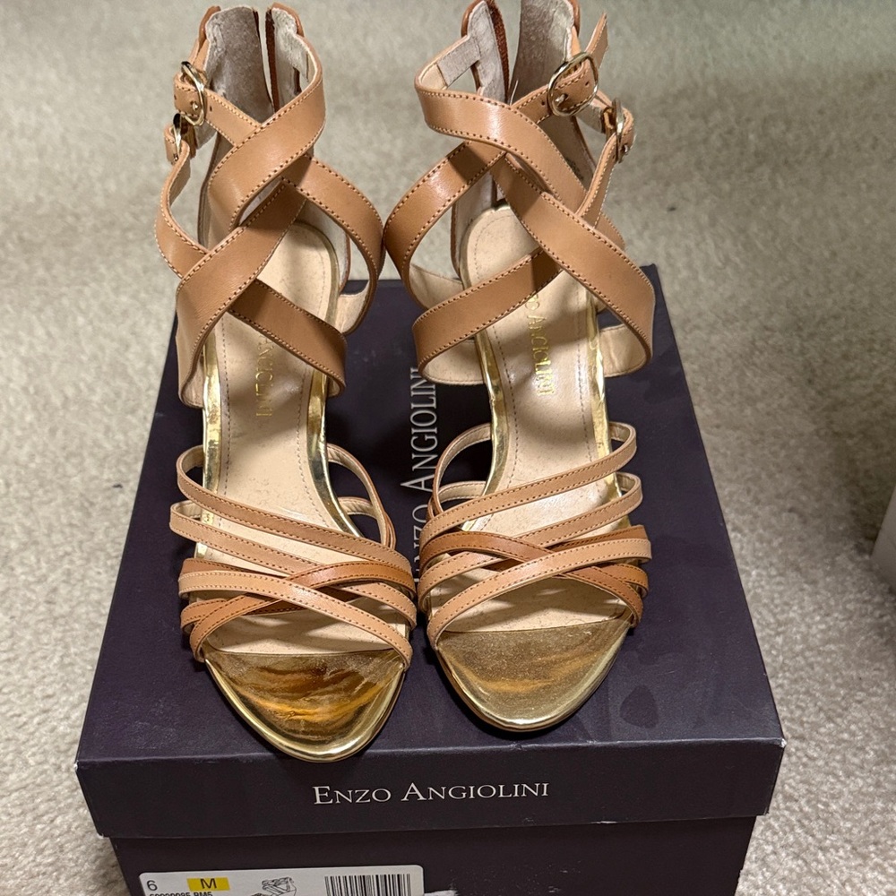 Enzo Angiolini Gold and Tan Strappy Heels